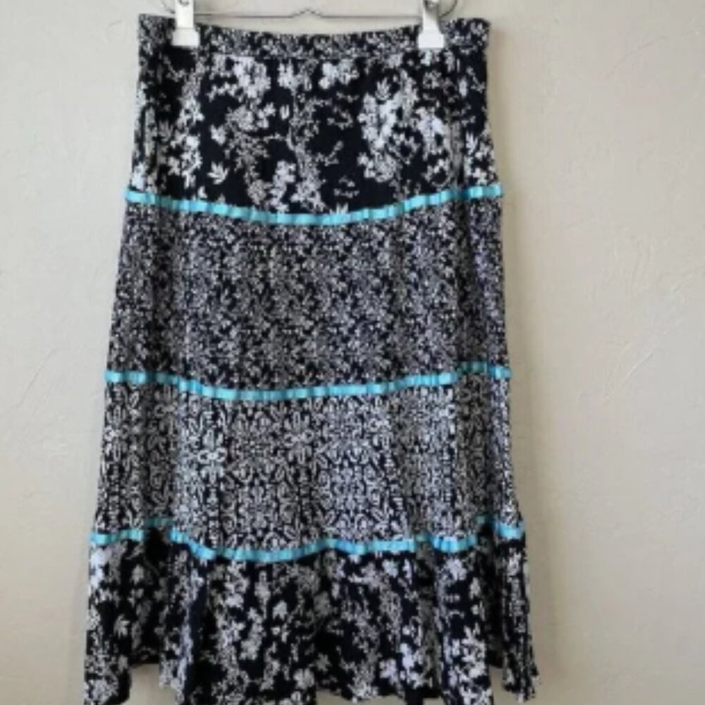 Y2K Tiered Skirt Dark Floral Patchwork XL Ribbon Whimsigoth Goth Mixed Pattern